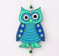 Handmade Wooden Green and Blue Owl Wall Hanging for Home Decor